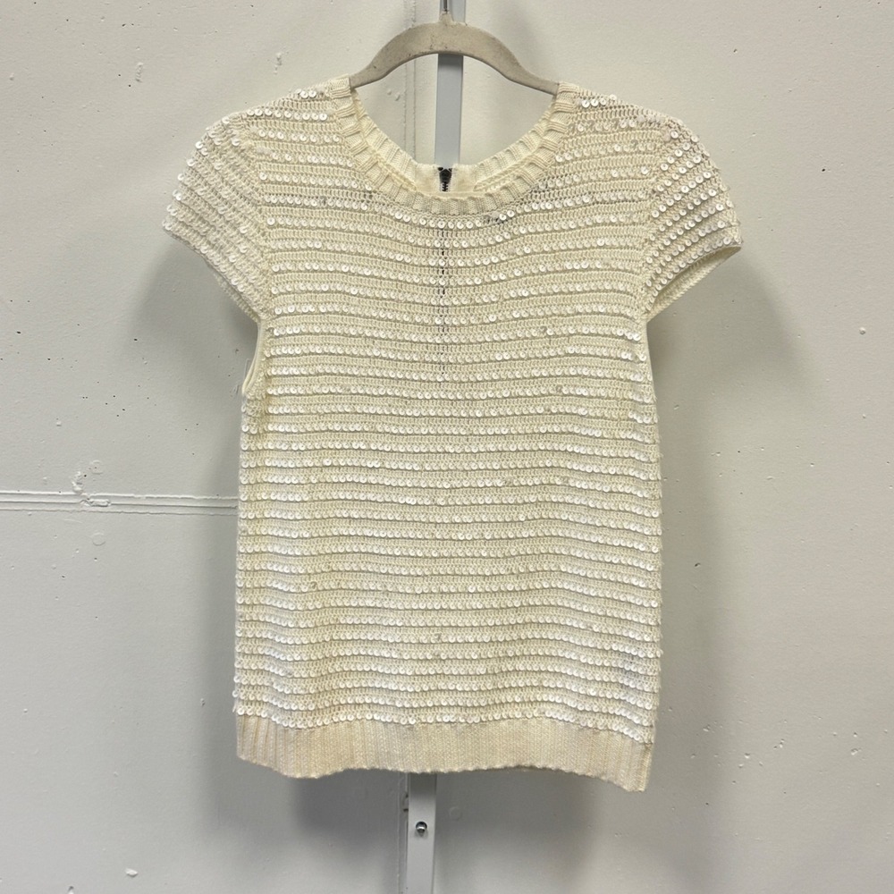Alice + Olivia Ivory Sequin Knit Top Sweater Back Zip C211743920 Cream S Holiday